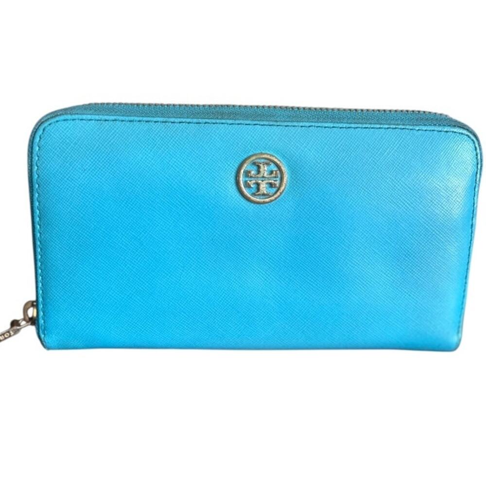 EUC Tory Burch Robinson Continental Zip Leather Wallet Turquoise & Gold Accents